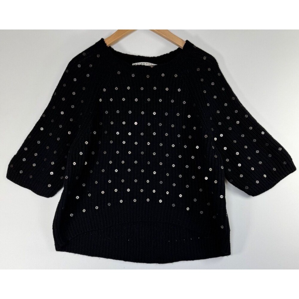 Trina Turk Merino Wool Sweater Womens Medium Black Embellished Knit Pullover Top